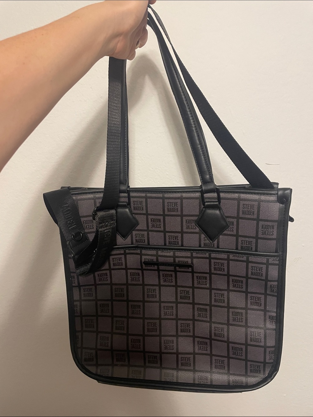 Steve Madden Black and Gray Logo Tote with Shoulder Strap